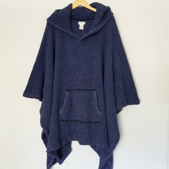 Free People Hooded Chunky Knit Oversized Poncho Ribbed Knit Pocket Navy Blue OS - Picture 5 of 16
